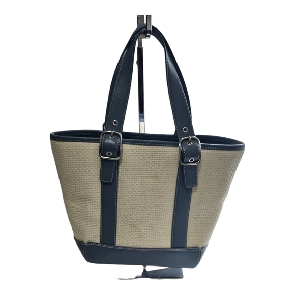 COACH Hampton Small Handbag Blue Leather & Cream Straw - Picture 2 of 9